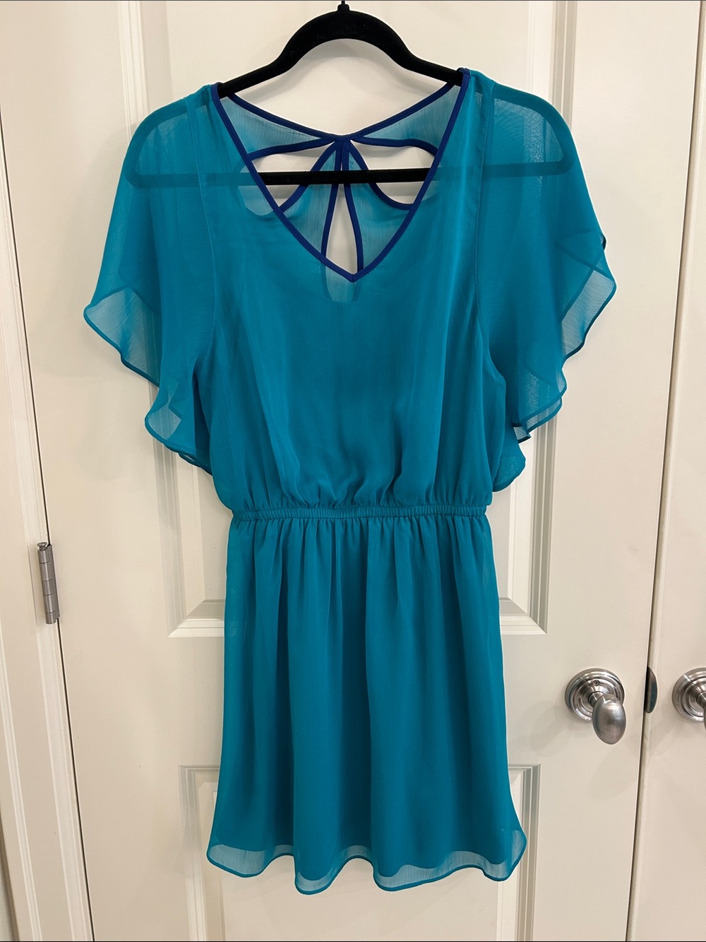 Express Teal Flutter-Sleeve V-Neck Mini Dress
